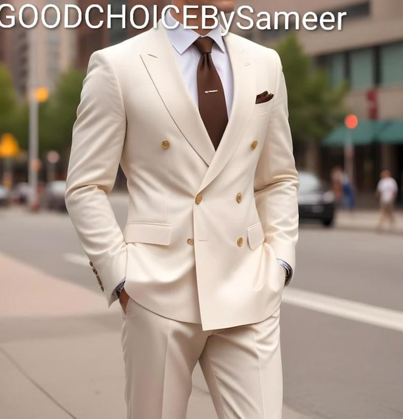 Men's Ivory Double Breasted Suit, Cream Wedding Formal Tailored Men's Ivory Double Breasted Suit, Cream Wedding Formal Tailored