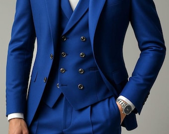 Terno azul royal de 3 peças | Corte slim, colete de abotoamento duplo