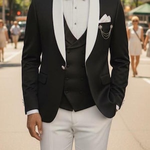 Herren Black & White Smoking, Schal Revers Hochzeitsanzug, Custom Made 3-teiliges formelles Outfit