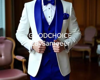 White & Royal Blue Tuxedo Suit – 3 Piece Wedding Groom Attire