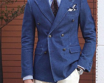 Blauwe double-breasted herenblazer | Handgemaakt getailleerd jasje | Nette vrijetijds- en trouwkleding |