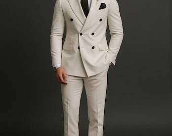 Men's Cream Double Breasted Wedding Suit | Slim Fit Tuxedo
