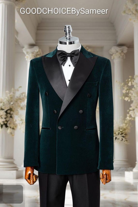 Emerald Green Velvet Tuxedo for Men - Double Breasted Black Satin Lapel Wedding Suit, Luxury Groom Blazer, Custom Formal Evening Wear