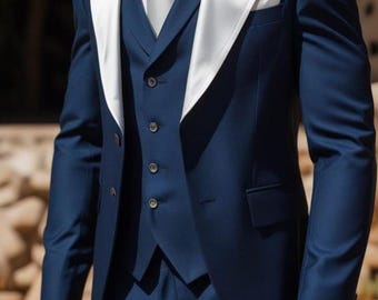 Navy Blue Wedding Tuxedo | White Lapel, Custom 3-Piece Suit