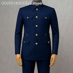 Terno Bandhgala azul-marinho, estilo safari militar, blazer Jodhpuri com gola Nehru, terno de casamento com botões dourados.