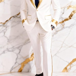 Men's White Gold Shawl Lapel Tuxedo Suit, Slim Fit Wedding Groom Prom Outfit