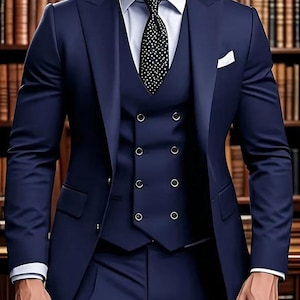 Puede incluir: Un traje de tres piezas azul marino con camisa blanca y corbata de lunares blancos y negros. El traje incluye un chaleco cruzado y un pañuelo blanco. El texto "GOODCHOICEBySameer" está en la parte superior.