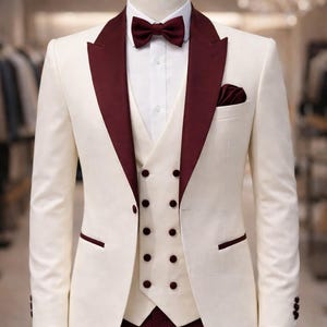 Ivoor smokingpak, bordeauxrode sjaalrevers, 3-delig formeel, double-breasted vest, blazer bruiloft bruidegom