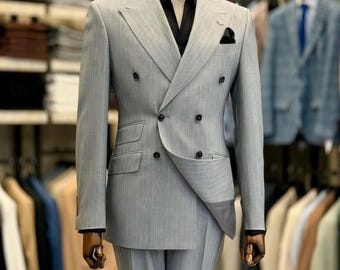 Men’s Light Grey Double Breasted Suit | Custom Tailored Formal Suit | Wedding Business Prom Suit for Men |