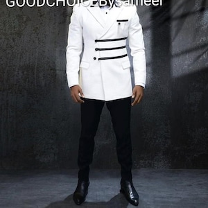 White Modern Blazer Suit, Black Trim Men's Wedding Tuxedo, Custom Tailored Outfit