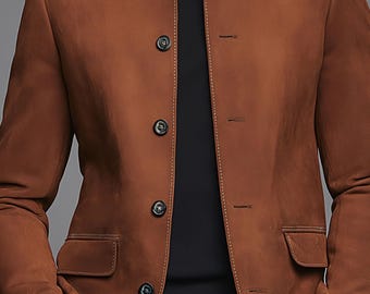 Men’s Brown Leather Jacket, Genuine Leather Button Front Jacket, Casual Smart Leather Blazer, Handmade Leather Coat for Men . 2 piece suit
