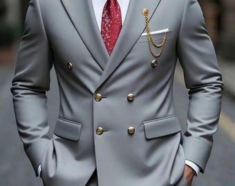 Men's Grey Double Breasted Suit | Slim Fit, Gold Button Tuxedo