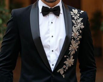 Men’s Black Embroidered Tuxedo Blazer, Luxury Floral Wedding Suit Jacket