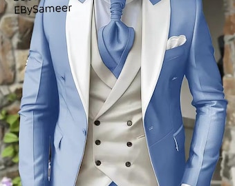 Light Blue Men’s Tuxedo Set | Groom Wedding Suit | 3 Piece Prom Suit | Peak Lapel Formal Suit | Slim Fit Custom Tailored Suit