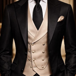 May include: A formal black suit with a white dress shirt, black tie, and a tan vest. The vest has gold buttons and a gold chain. A gold pocket square is in the suit's breast pocket. The text "GOODCHOICEBySameer" is at the top.