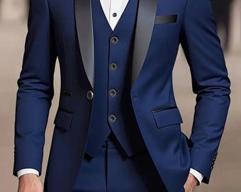 Esmoquin azul rey para hombre / Traje de boda entallado con solapa chal de satén