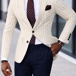Men's Cream Pinstripe Blazer, Slim Fit Wedding Suit Jacket, Formal Party Wear, Groom Outfit