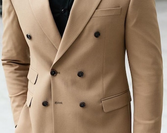 Blazer masculino bege sob medida | Jaqueta de terno de lã mista com abotoamento duplo