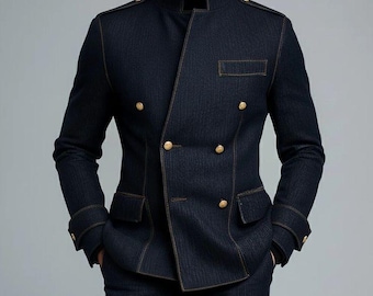 Denim 2 Piece Suit for Men – Slim Fit Jean Blazer & Pants Set – Vintage Military Style Buttons – Dark Blue Casual Wedding Suit