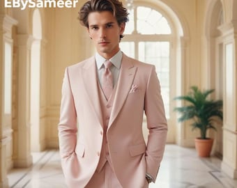 Hellrosa Anzugset für Herren | Hochzeit Bräutigam Anzug | Weste + Blazer + Hose | Luxus Abendkleidung |