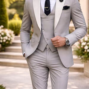 Light Grey Slim Fit 3 Piece Suit, Wedding Groom Prom Formal Business Wear