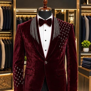 Traje de esmoquin de terciopelo burdeos para hombre, con solapa de chal bordada y pantalón negro (2 piezas).
