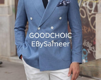 Blazer cruzado azul para hombre / Chaqueta formal a medida / Abrigo para traje de boda y negocios /