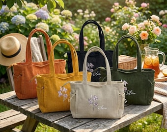 Sac cabas en velours côtelé personnalisé, sac bandoulière imprimé floral avec nom