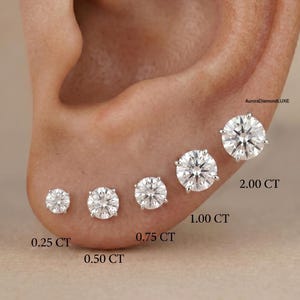 May include: An ear with five diamond stud earrings of different sizes. The clear, round earrings are set in a row, with the largest labelled "2.00 CT". The other earrings are labelled "0.25 CT", "0.50 CT", "0.75 CT", and "1.00 CT".