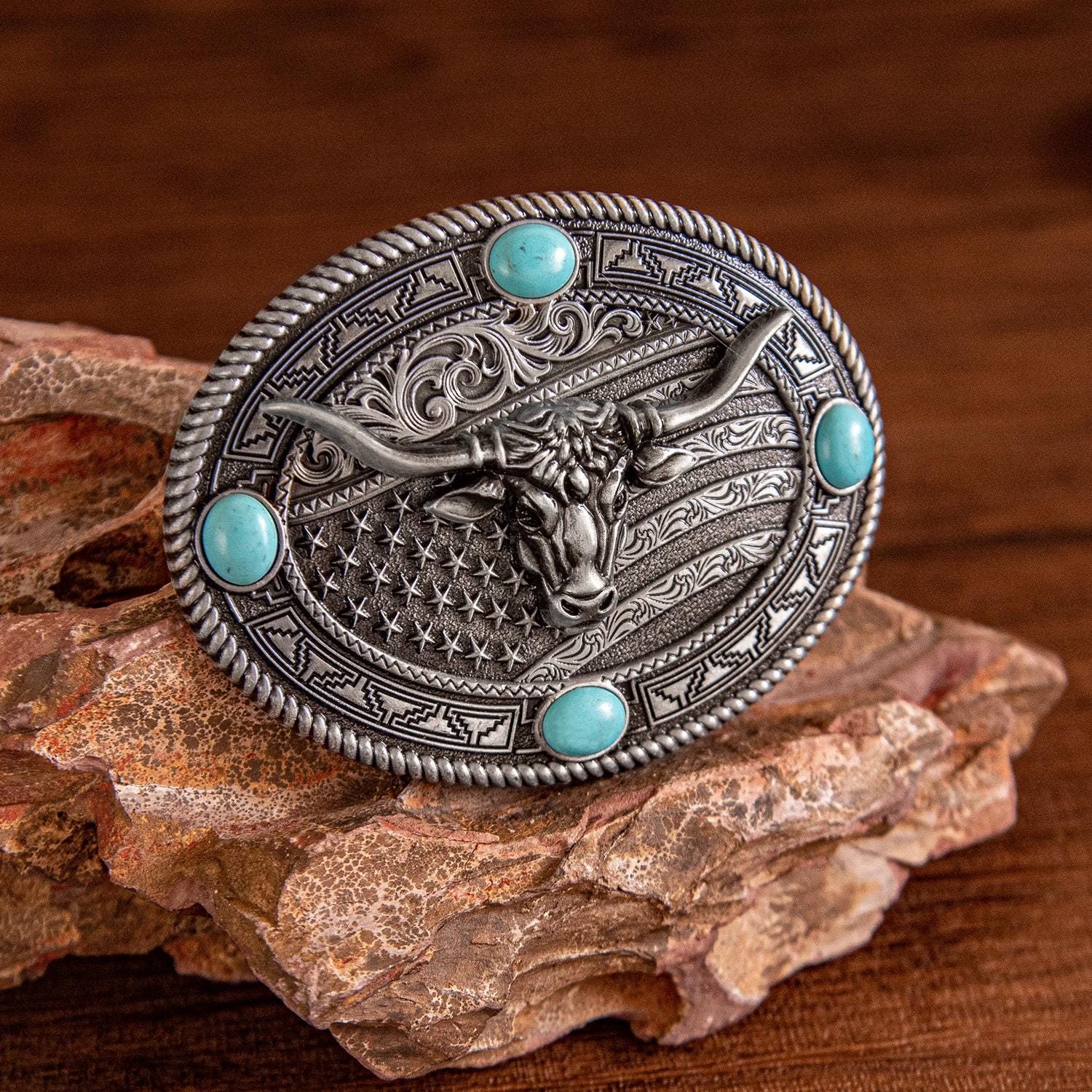 Vintage ~ Silver Tone Metal W/ Faux Turquoise Floral Shape Belt Buckle (3 x 3) Large Vintage Navajo Turquoise Chip Inlay Ketoh Design  main image 4