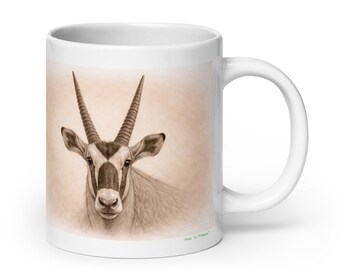 Gemsbok Graphite Portrait Mug, Wildlife Animal Ceramic Coffee & Tea Mug