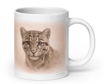 Clouded Leopard Mug Graphite Portrait , Wildlife Animal Ceramic Coffee & Tea Mug