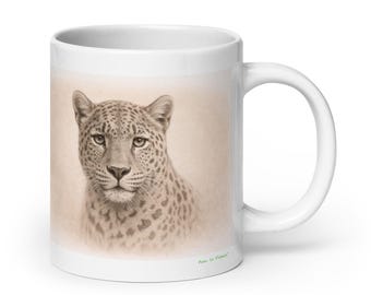 Leopard Graphite Portrait Mug, Wildlife Animal Ceramic Coffee & Tea Mug