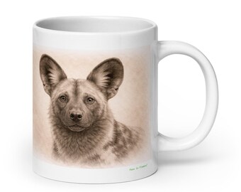 African Wild Dog Mug Graphite Portrait , Wildlife Animal Ceramic Coffee & Tea Mug