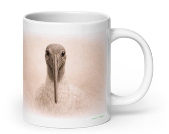 Ibis Bird Graphite Portrait Mug, Wildlife Animal Ceramic Coffee & Tea Mug