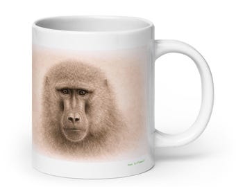 Baboon Monkey Mug Graphite Portrait , Wildlife Animal Ceramic Coffee & Tea Mug
