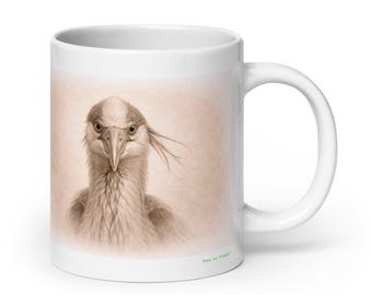 Heron Bird Mug Graphite Portrait , Wildlife Animal Ceramic Coffee & Tea Mug