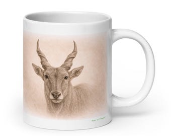 Eland Graphite Portrait Mug, Wildlife Animal Ceramic Coffee & Tea Mug