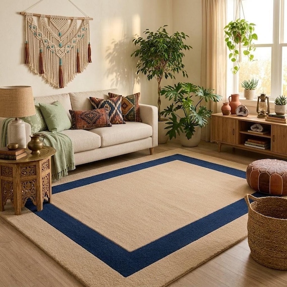 Hand Tufted Beige Border Wool Rug Modern Area Rug Handmade New Zealand Wool Carpet Minimalist Design