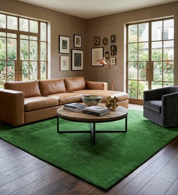 Green Wool Rug, Hand Tufted Rectangular Design, Custom Sizes