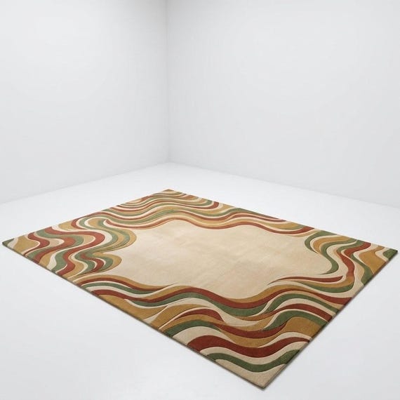 Hand Tufted Wool Rug, Abstract Wavy Border Area Rug, Modern Boho Living Room Carpet, Handmade Contemporary Statement Rug