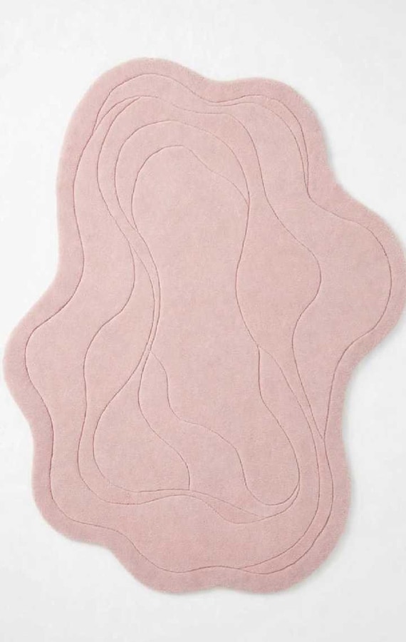 Pink Abstract Area Rug, Organic Shape Wool Rug, Modern Hand Tufted Carpet, Blush Pink Rug, Wavy Design Rug, Bedroom Living Room Decor