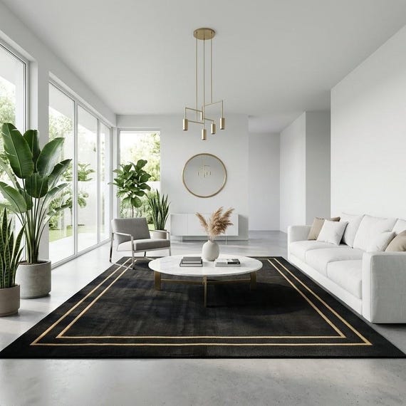 Black Gold Area Rug, Modern Luxury Rug, Minimalist Living Room Rug, Elegant Border Carpet, Contemporary Black Rug, Designer Home Decor