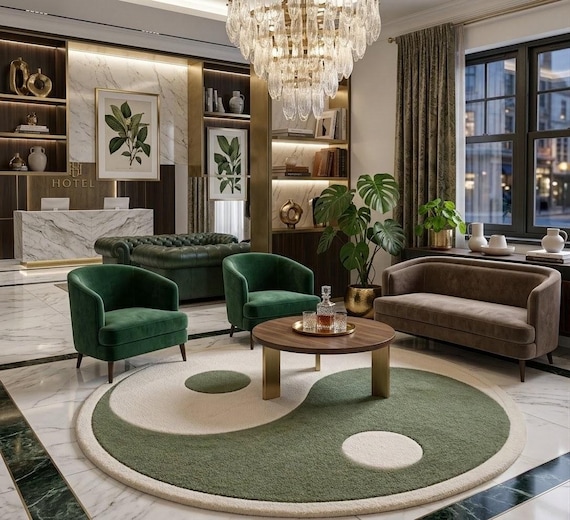 Round Hand Tufted Wool Yin Yang Rug Modern Sage Green Area Rug Handmade Luxury Decor