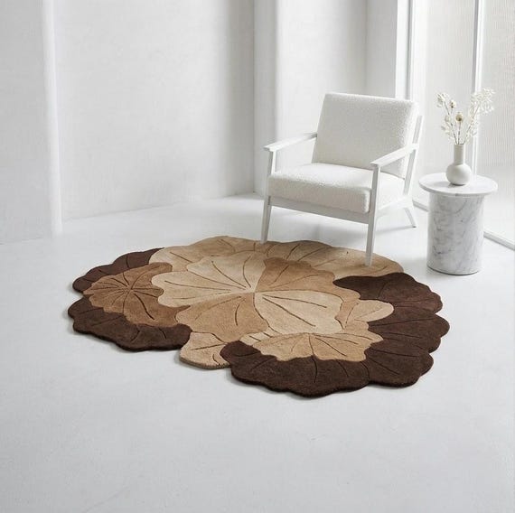 Hand Tufted Leaf Rug, Botanical Wool Area Rug, Abstract Brown Beige Rug, Modern Organic Carpet, Custom New Zealand Wool Rug