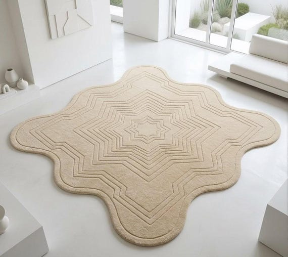 Hand Tufted Rug, Neutral Beige Wool Starburst Shape, Modern Geometric Design