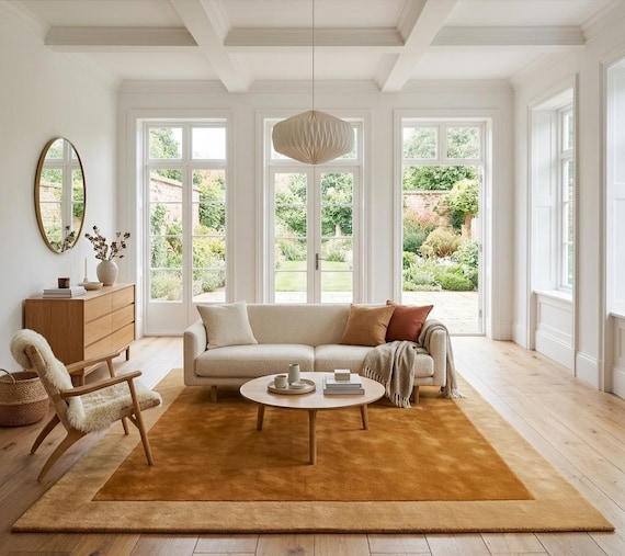 Hand Tufted Brown Wool Rug, Modern Border Area Rug, Living Room Carpet