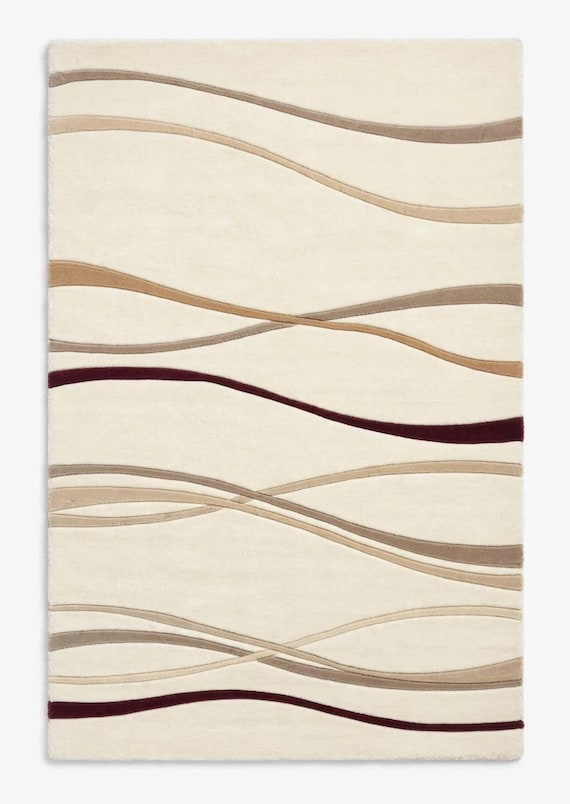 Hand Tufted Wool Rug, Abstract Wave Area Rug, Cream Beige Modern Carpet, Handmade Home Decor