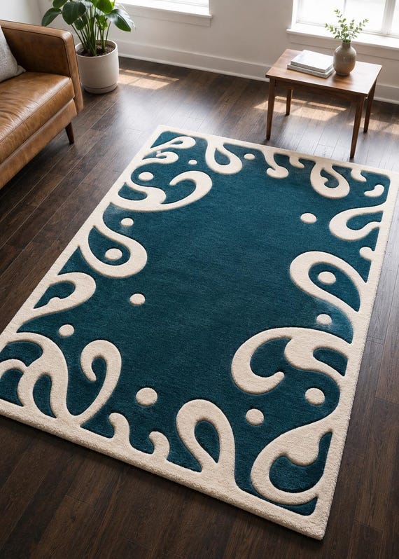 Hand Tufted Wool Rug, Teal and Ivory Abstract Border Area Rug, Cut Pile Carpet