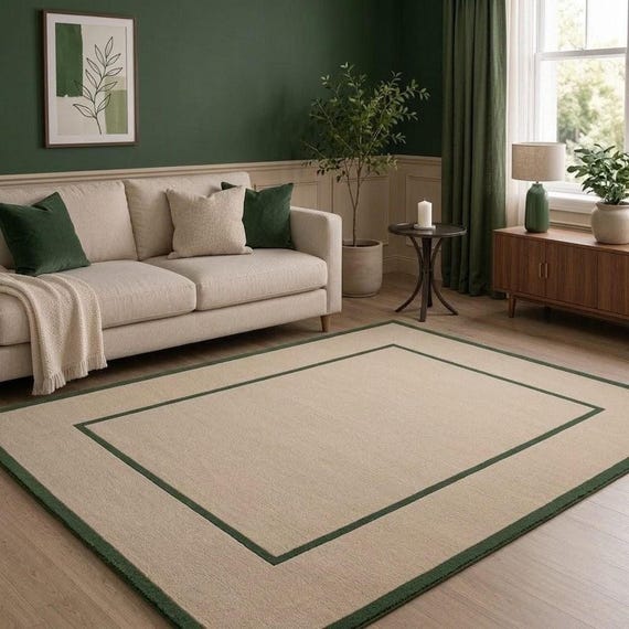 Hand Tufted Rug, Beige Wool Design with Deep Green Double Border